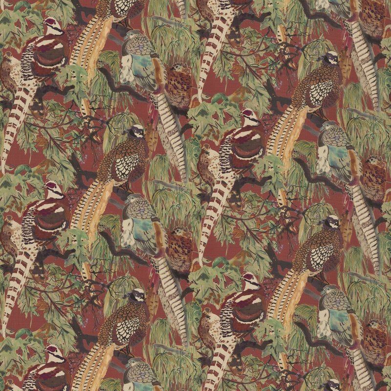 FD269.V54.0 GAME BIRDS LINEN RED/PLUM – MULBERRY Fabric